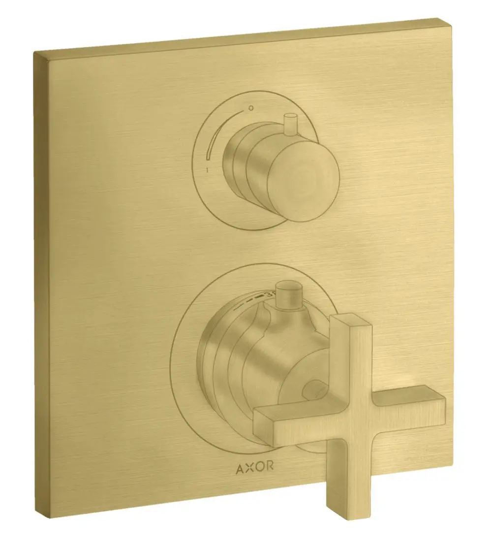 Thermostatunterputz von AXOR mit Absperrventil und Kreuzgriff in brushed brass. Schlichte, rechteckige Platte mit zwei Bedienelementen zur Temperatur- und Betriebsregulierung.